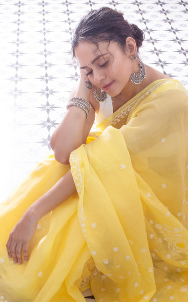 Veersons Hand Embroidered Cotton Lucknow Chikan Saree With Blouse - Veersons-Chikankari Studio