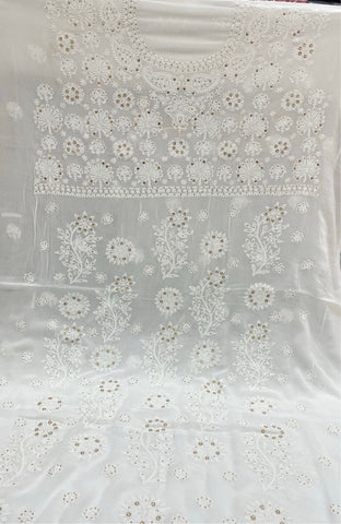 Veersons Chikankari Hand-Embroidered Viscose Georgette White Unstitched Kurta Dupatta with Lucknowi Chikankari Set