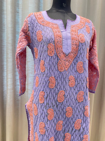 Veersons Chikankari Hand-Embroidered Georgette Full Front Back Embroidered  Lucknowi Chikankari Kurti