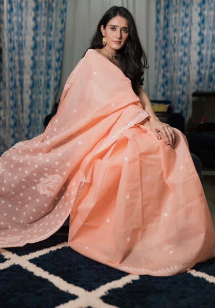 Veersons Hand Embroidered Cotton Lucknow Chikan Saree With Blouse - Veersons-Chikankari Studio