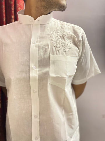 Veersons Chikankari Cotton Gents Shirt with Hand-embroidered Motif - Veersons-Chikankari Studio