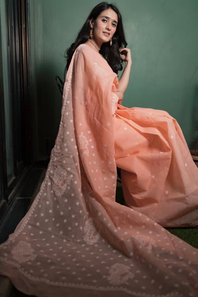 Veersons Hand Embroidered Cotton Lucknow Chikan Saree With Blouse - Veersons-Chikankari Studio