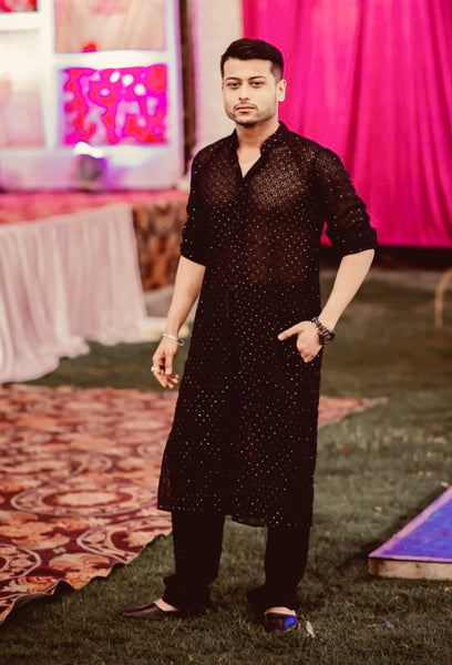 Veersons Chikankari Haquoba Black Georgette Kurta with Moquish Work