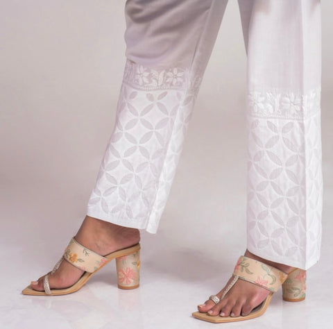 Veersons Chikankari Cotton White Pants with Appliqué Detailing