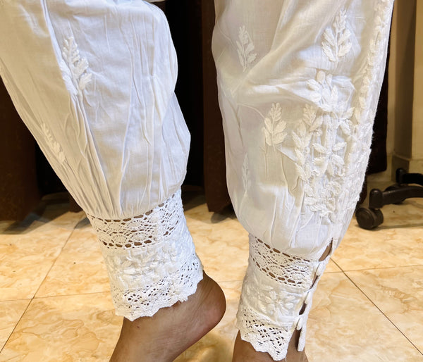 Veersons Chikankari Cotton Tulip Pants with Lace Detailing