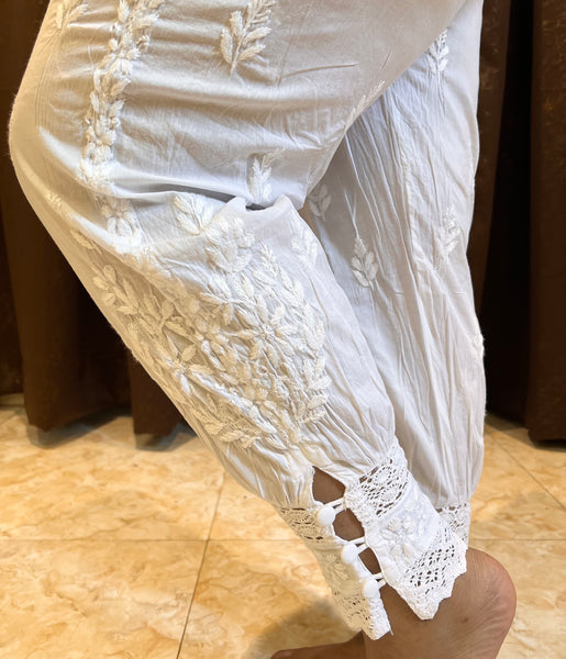 Veersons Chikankari Cotton Tulip Pants with Lace Detailing