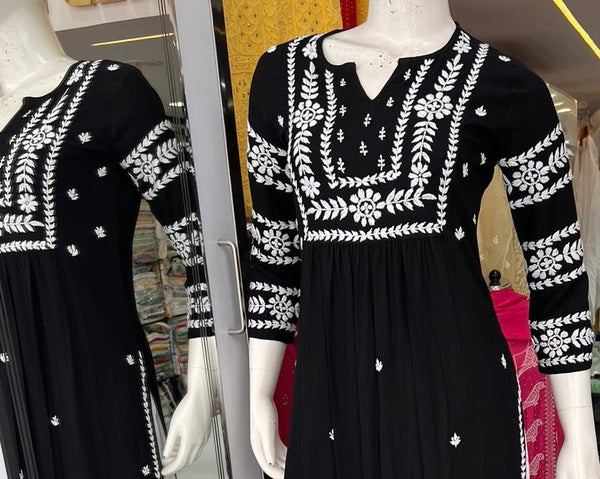Veersons Chikankari HandEmbroidered Black Chikan Kurta with white threadwork