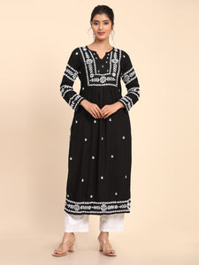 Veersons Chikankari HandEmbroidered Black Chikan Kurta with white threadwork