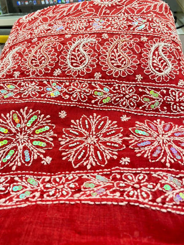 Veersons Chikankari Hand-Embroidered Chikankari Kurta Dupatta with Pearl and Sequence(Unstitched) - Veersons-Chikankari Studio