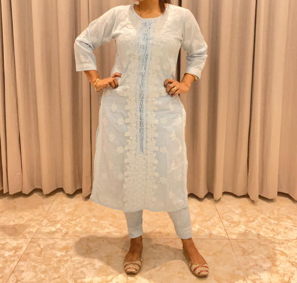 Veersons Chikankari Pure Cotton drawstring detailing Lucknowi Chikankari Kurta Set