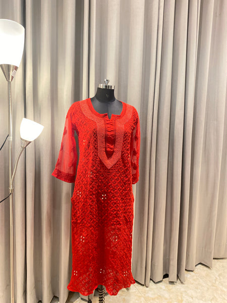 Veersons Chikankari Hand-Embroidered Kurti with Beads work in Georgette - Veersons-Chikankari Studio