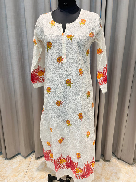 Veersons Chikankari  Hand-Embroidered Brasso Cotton Lucknowi Chikankari Kurta with Prints