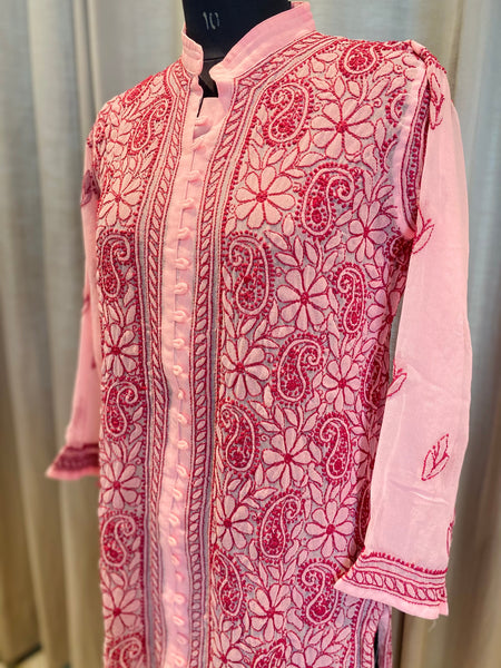 Veersons Chikankari Hand-Embroidered Front and Back Georgette Lucknowi Chikankari Kurti