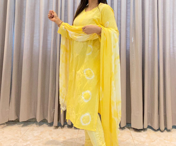 Veersons Chikankari Tye Dye Yellow Full Lucknowi Chikankari Cotton Suit Set