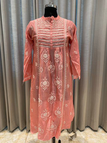 Veersons Chikankari Pure Chanderi Carrot Shade Premium Chikankari Kurta and Dupatta