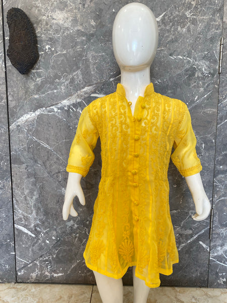 Veersons Chikankari Yellow Georgette Girls Kidswear Lucknowi Anarkali