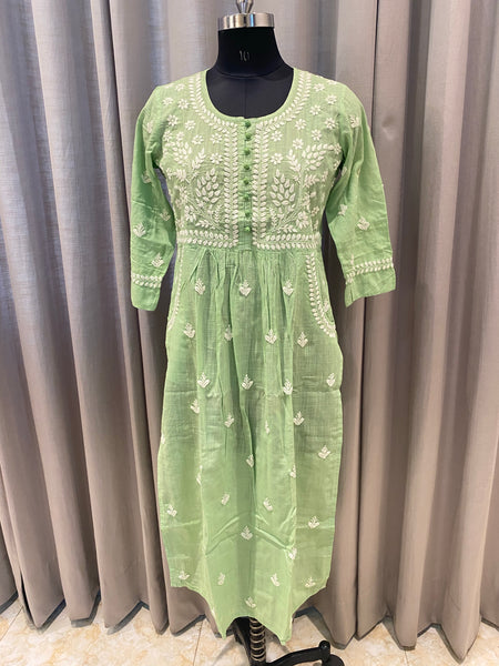Veersons Chikankari HandEmbroidered Cotton Chikan Kurta with Side Pockets - Veersons-Chikankari Studio