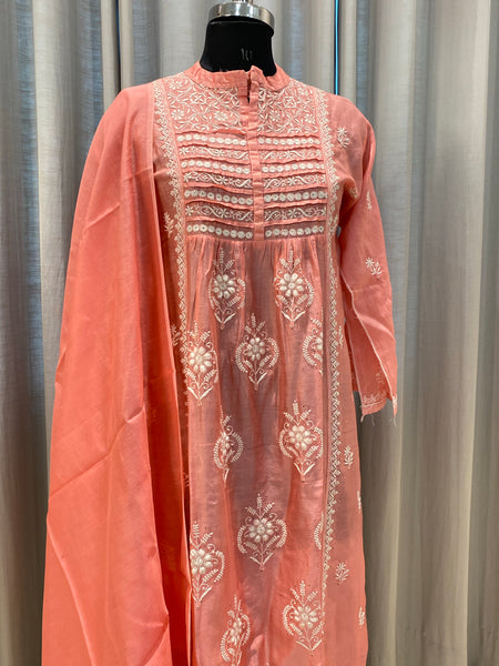 Veersons Chikankari Pure Chanderi Carrot Shade Premium Chikankari Kurta and Dupatta