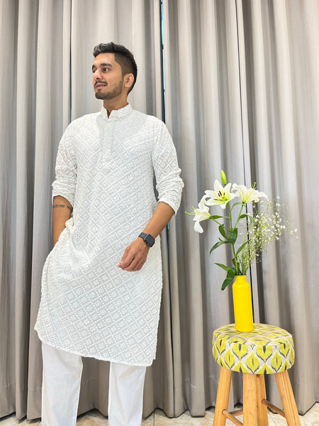 Veersons Chikankari Pure Dyeable Georgette Haquoba Kurta with Mirror Work Kurta & Pyjama Set