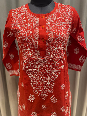 Veersons Chikankari Hand-Embroidered Red Cotton Lucknowi Chikankari Kurta - Veersons-Chikankari Studio