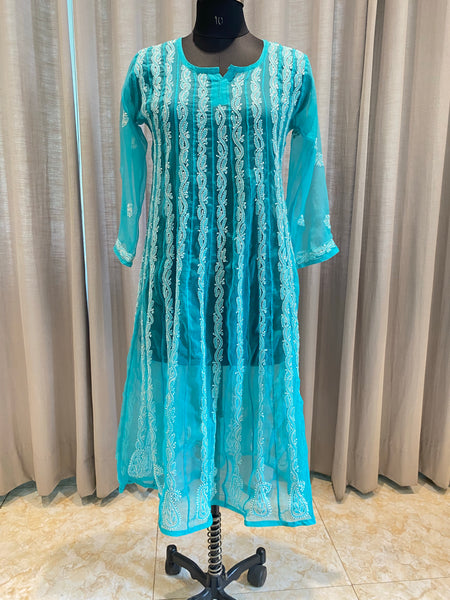 Veersons Chikankari Hand-Embroidered Blue Georgette Anarkali (with slip) - Veersons-Chikankari Studio