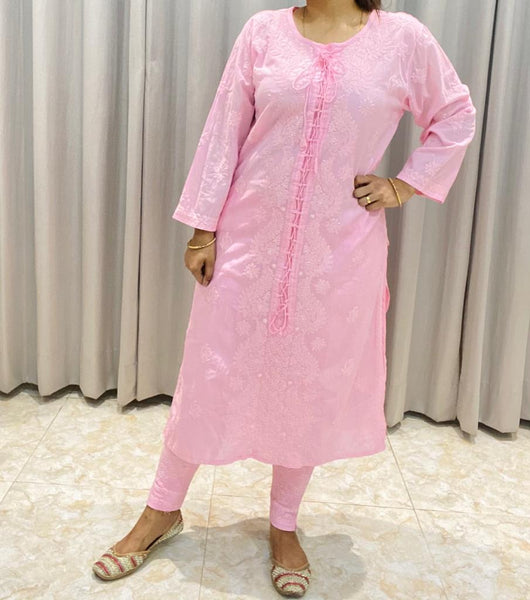Veersons Chikankari Pure Cotton drawstring detailing Lucknowi Chikankari Kurta Set