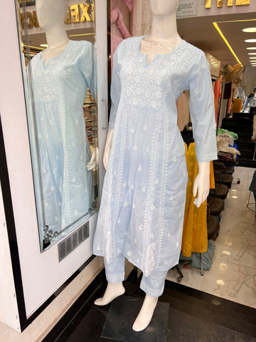 Veersons Chikankari Mul Cotton Powder Blue Chikankari Co-Ord Set
