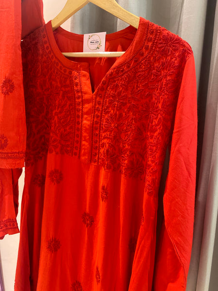Veersons Chikankari Rayon A line Red Kurti and Pants Lucknowi Chikankari Co-Ord Set