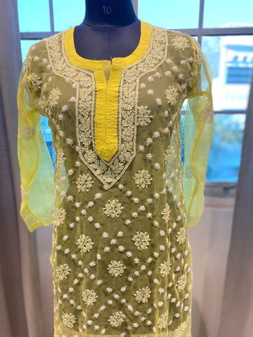 Veersons Chikankari Faux Georgette Lemon Lucknowi Chikan Kurti with Slip