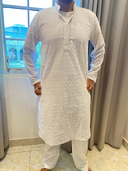 Veersons Chikankari Men’s Haquoba White Kurta - Veersons-Chikankari Studio