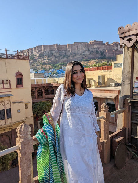 Veersons Chikankari Pure Kota Doria Lucknowi Chikankari Angrakha