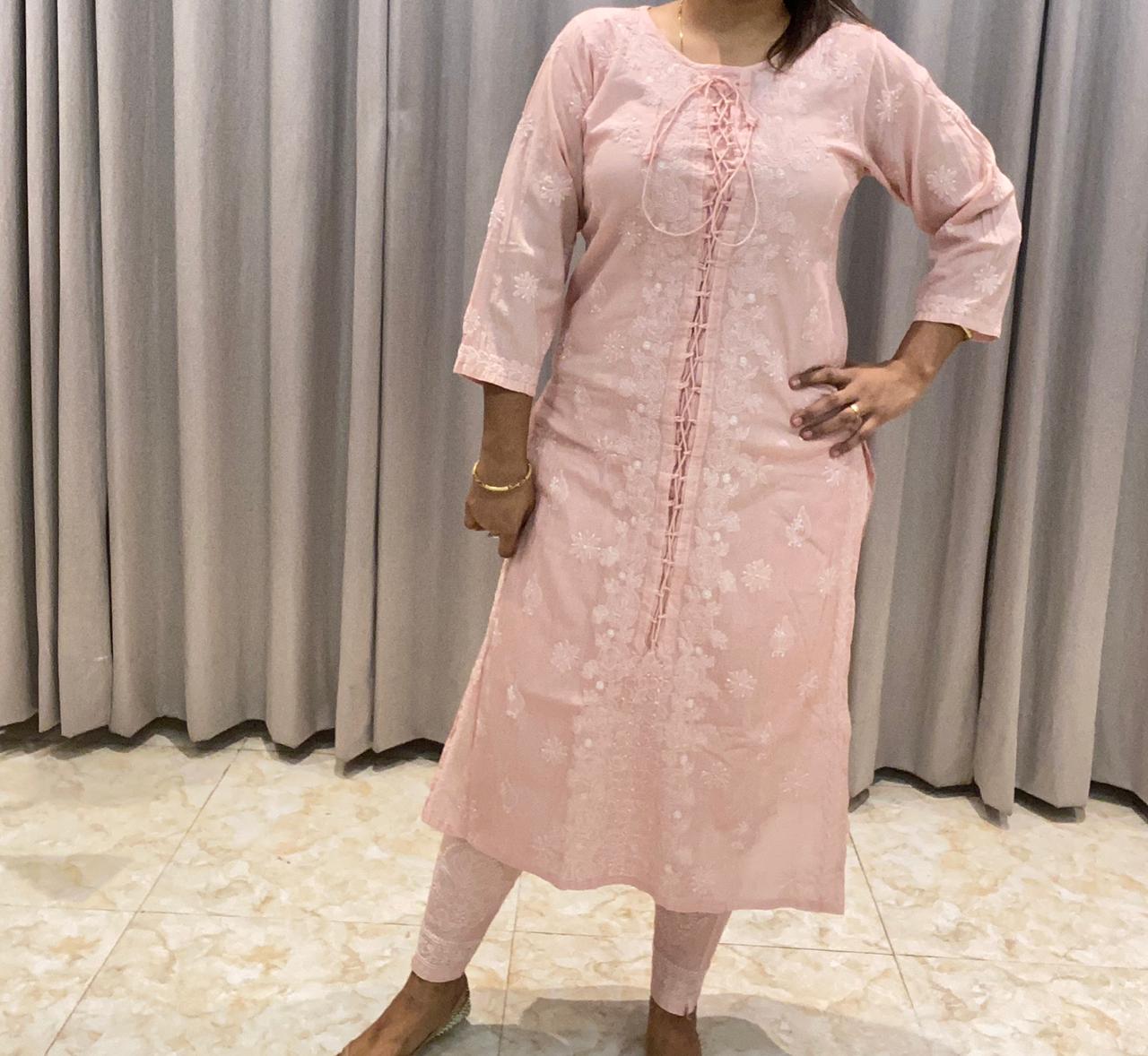 Veersons Chikankari Pure Cotton drawstring detailing Lucknowi Chikankari Kurta Set