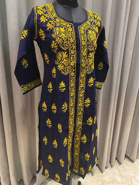 Veersons Chikankari Navy Blue with Yellow Thread-work Lucknow Chikankari Kurta - Veersons-Chikankari Studio
