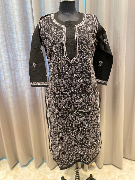 Veersons Chikankari Black Cotton Kurta with White Threadwork Lucknowi Chikankari Kurti - Veersons-Chikankari Studio