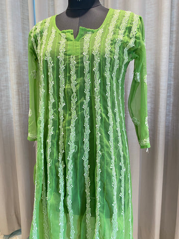 Veersons Chikankari Hand-Embroidered Green Georgette Anarkali(Includes Slip) - Veersons-Chikankari Studio