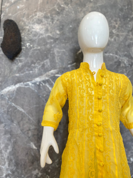 Veersons Chikankari Yellow Georgette Girls Kidswear Lucknowi Anarkali