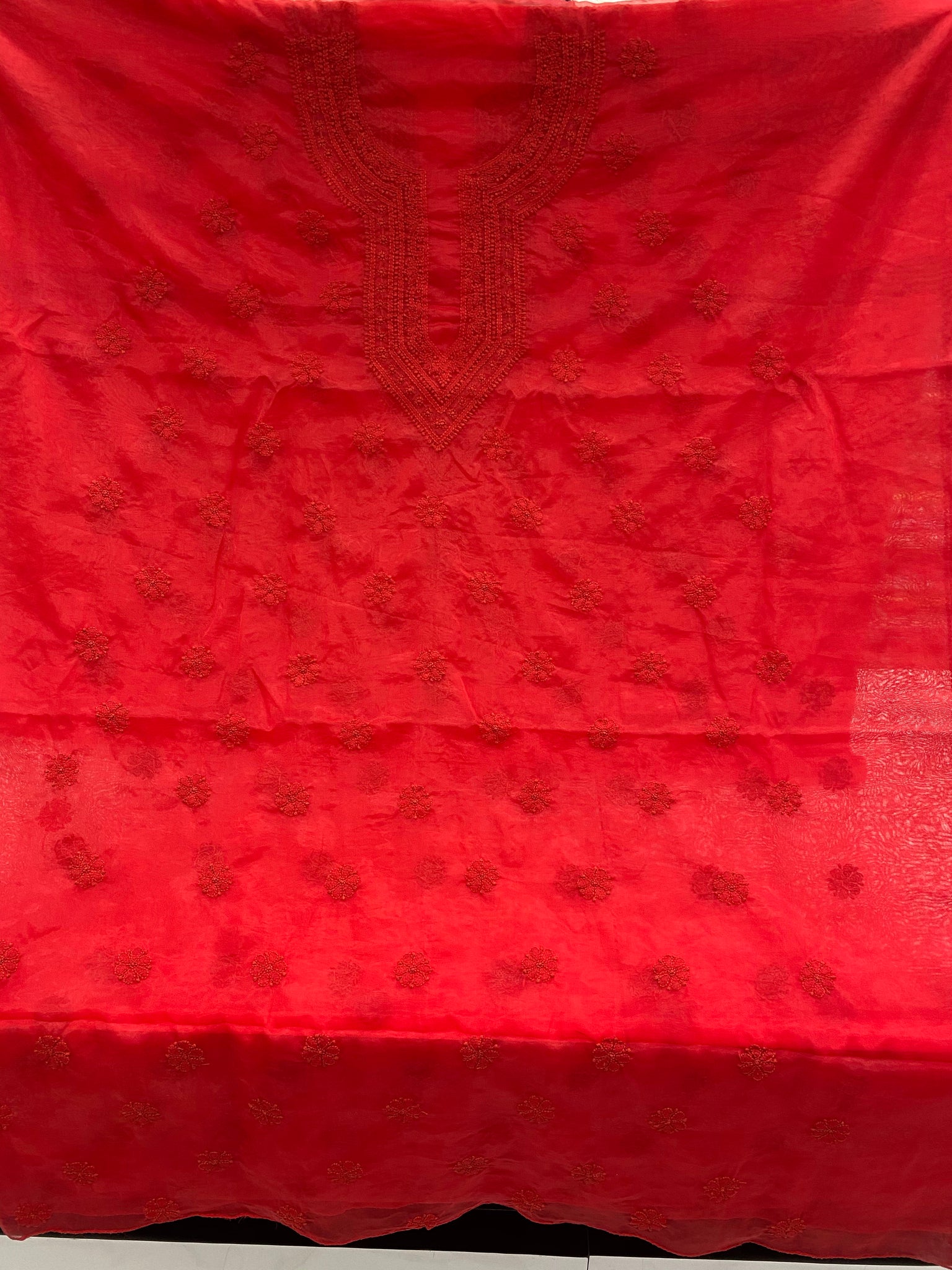 Veersons Chikankari Red Organza Unstitched Fabric - Veersons-Chikankari Studio