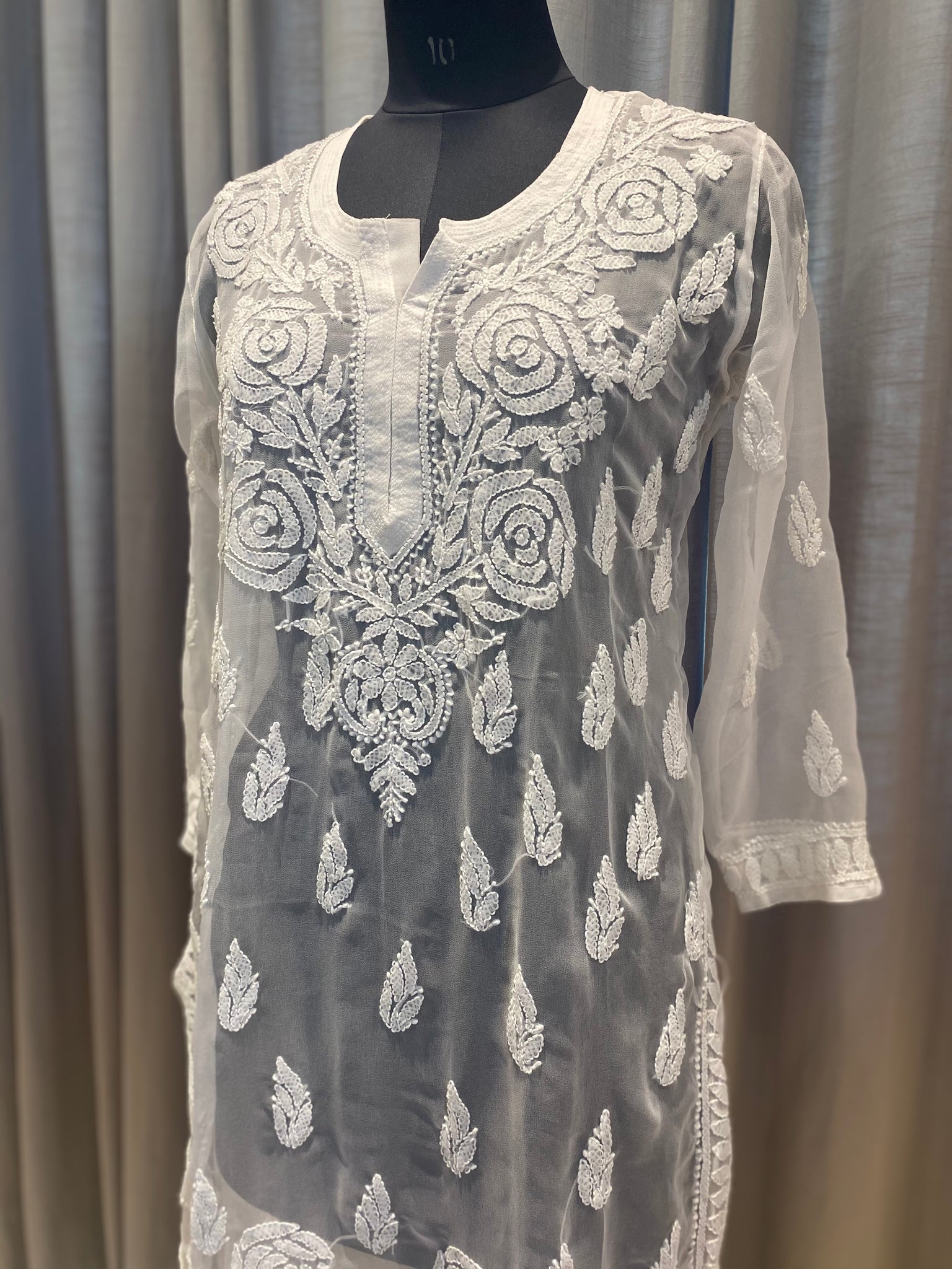 Veersons Chikankari Hand-embroidered White Georgette  Kurti - Veersons-Chikankari Studio
