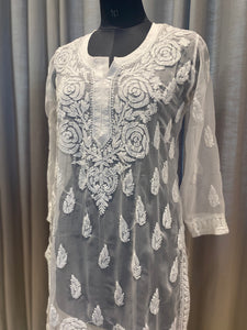 Veersons Chikankari Hand-embroidered White Georgette  Kurti - Veersons-Chikankari Studio