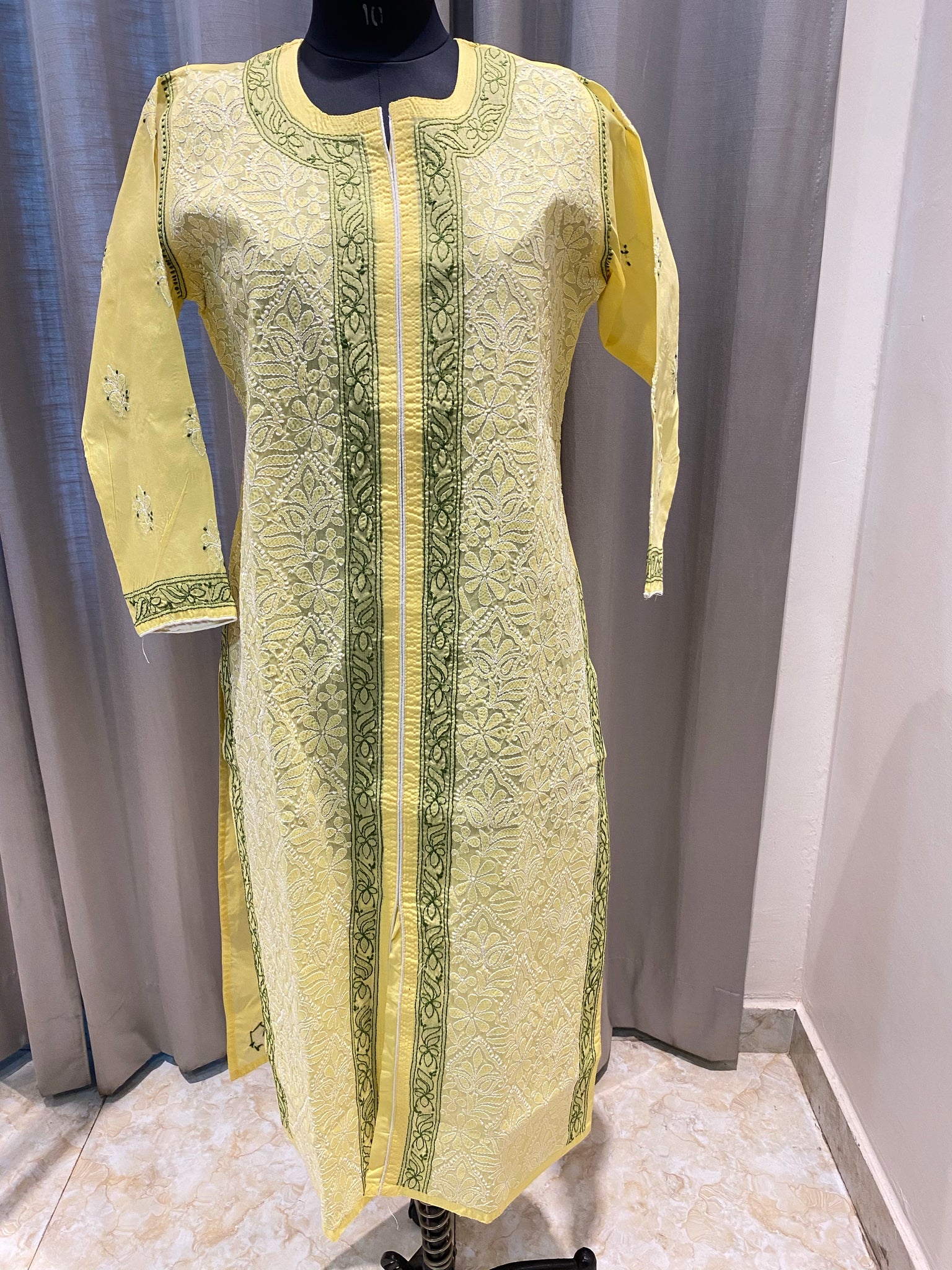 SEVA CHIKAN HAND EMBROIDERED YELLOW GEORGETTE LUCKNOWI CHIKANKARI KURTI FOR  WOMEN WITH SLIP - Seva Chikan - 3947503