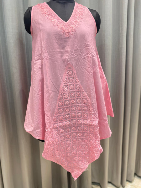 Veersons Chikankari Pure Cotton Pink Kaftan Ponchu Lucknowi Chikankari Short Top