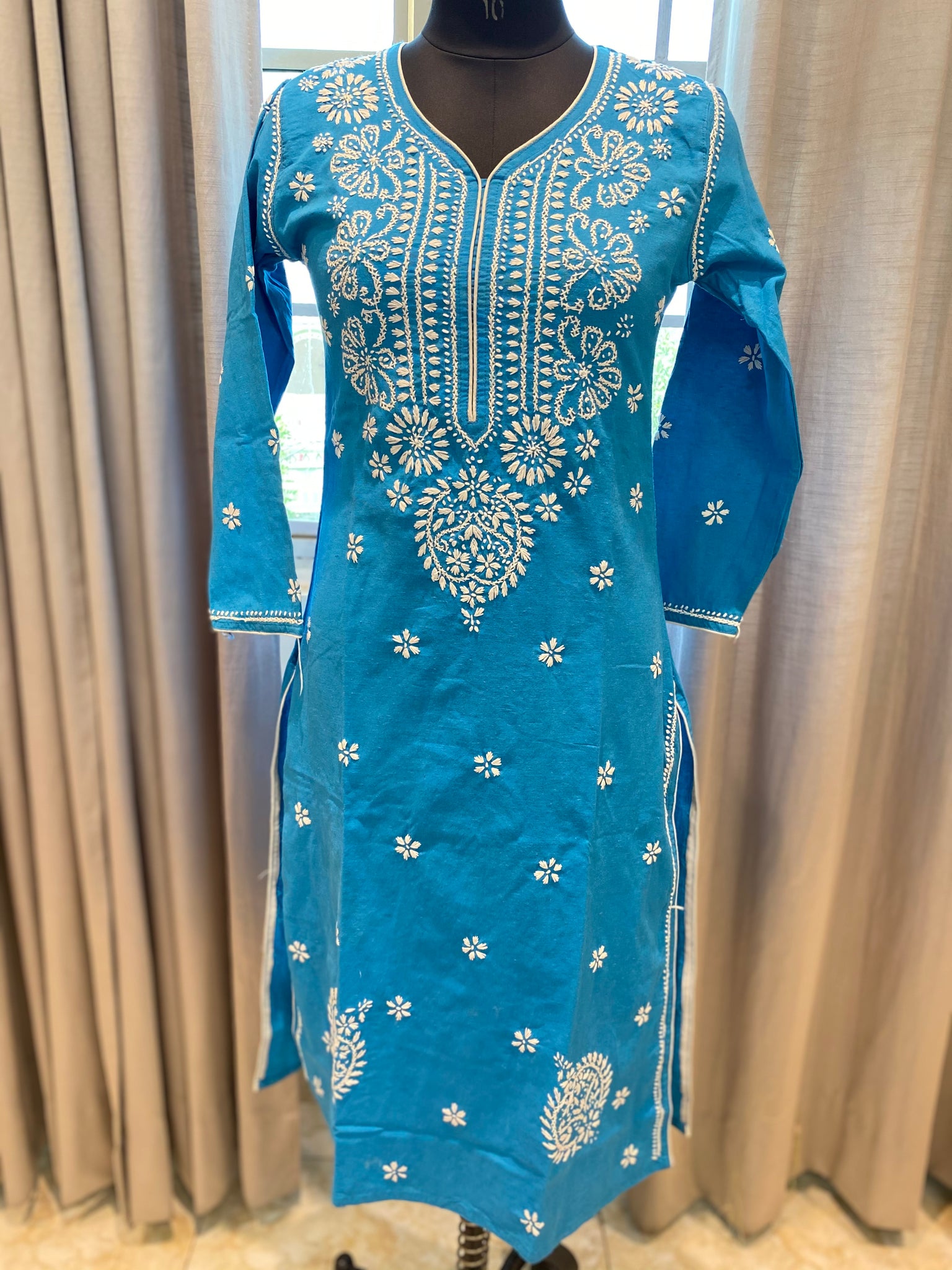 Veersons Chikankari Blue Cotton Kurti Size S - Veersons-Chikankari Studio