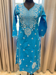 Veersons Chikankari Blue Cotton Kurti Size S - Veersons-Chikankari Studio