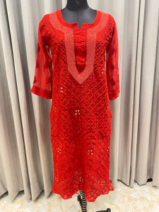 Veersons Chikankari Hand-Embroidered Kurti with Beads work in Georgette - Veersons-Chikankari Studio