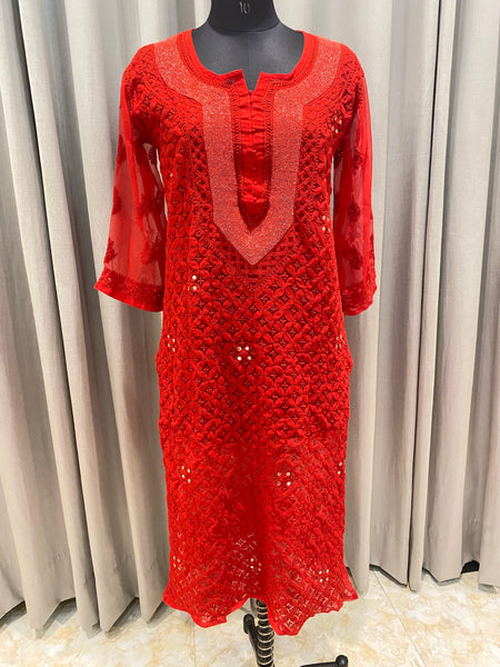 Veersons Chikankari Hand-Embroidered Kurti with Beads work in Georgette - Veersons-Chikankari Studio