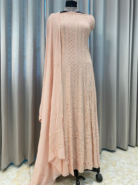 Veersons Chikankari Viscose Georgette Rose Gold Anarkali with Moquish Work