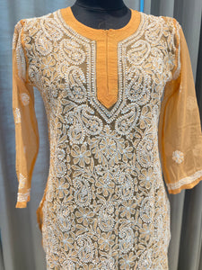 Veersons Chikankari Hand-Embroidered Peach Georgette Lucknowi Kurti