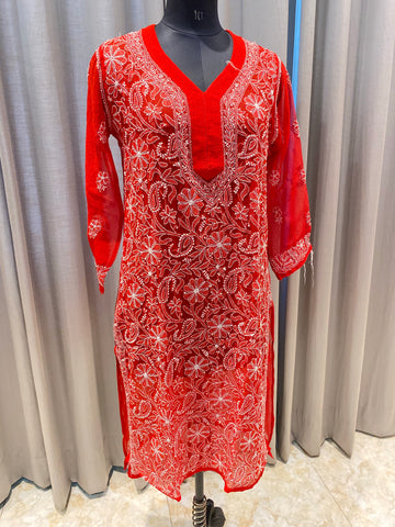 Veersons Chikankari Hand-Embroidered Georgette Kurti - Veersons-Chikankari Studio