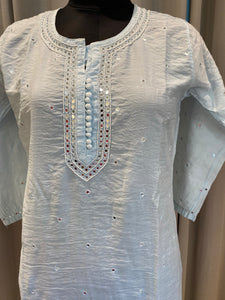 Veersons Chikankari Ombre Pure Chanderi Metallic Blue Mirror Work Kurta with Pockets