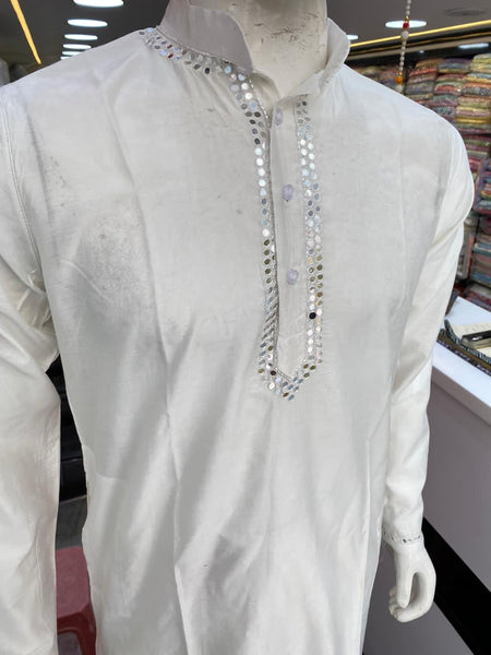 Veersons Chanderi Kurta Pajama Set with Mirror Embellishment - Veersons-Chikankari Studio